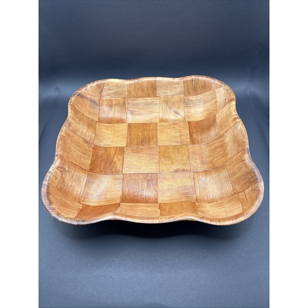 Vintage 11" Square Woven Wood Serving Bowl w/Scalloped Edge Checkerboard Parquet